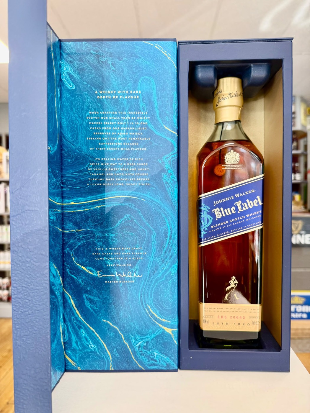 Johnnie Walker Blue Label blended Scotch whisky in its gift box