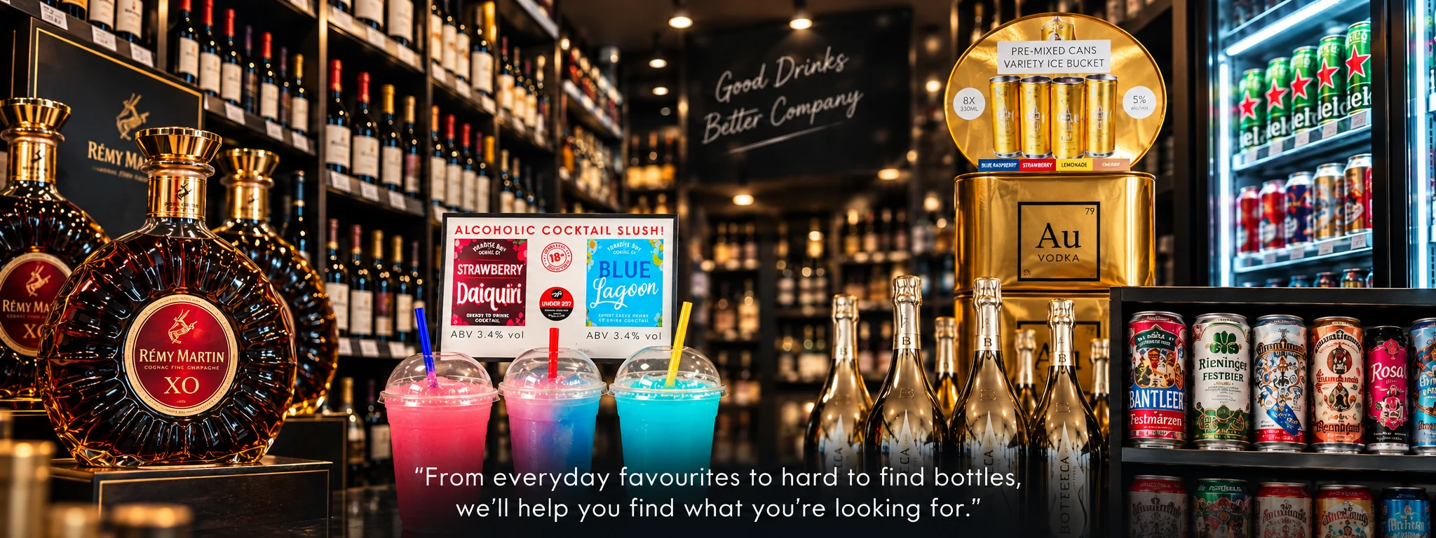 The Liquor Store Swindon, featuring shelves of drinks, Rémy Martin cognac, Au Vodka and chilled beers.